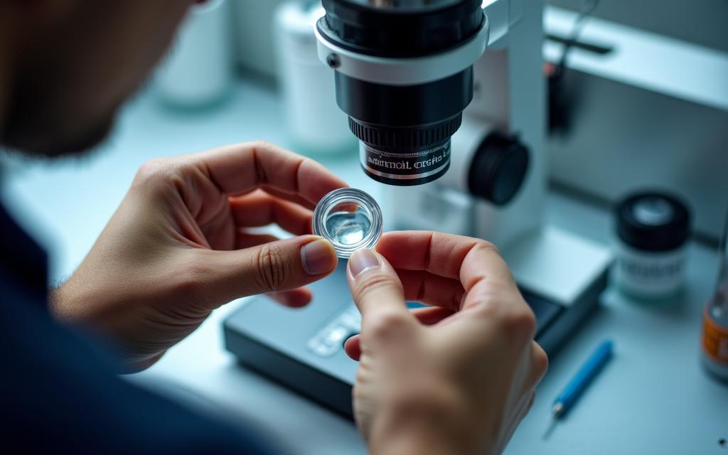 Een vakman die een antieke lens inspecteert onder een microscoop